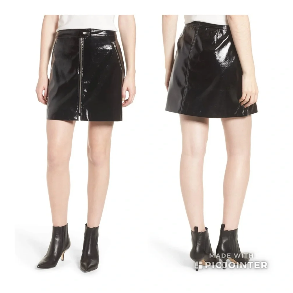 Trouve Patent Faux Leather ZIP Mini Skirt Black S Shiny Vegan Zipper Moto